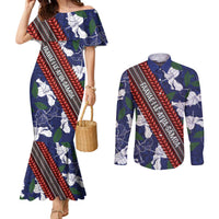 Samoan Culture Couples Matching Mermaid Dress and Long Sleeve Button Shirt Hibiscus and Ula Fala with Tapa Pattern Blue Color LT03 Blue - Polynesian Pride