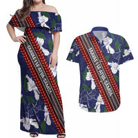 Samoan Culture Couples Matching Off Shoulder Maxi Dress and Hawaiian Shirt Hibiscus and Ula Fala with Tapa Pattern Blue Color LT03 Blue - Polynesian Pride