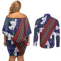 Samoan Culture Couples Matching Off Shoulder Short Dress and Long Sleeve Button Shirt Hibiscus and Ula Fala with Tapa Pattern Blue Color LT03 - Polynesian Pride