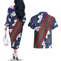 Samoan Culture Couples Matching Off The Shoulder Long Sleeve Dress and Hawaiian Shirt Hibiscus and Ula Fala with Tapa Pattern Blue Color LT03 - Polynesian Pride