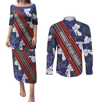 Samoan Culture Couples Matching Puletasi and Long Sleeve Button Shirt Hibiscus and Ula Fala with Tapa Pattern Blue Color LT03 Blue - Polynesian Pride