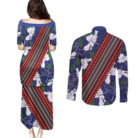 Samoan Culture Couples Matching Puletasi and Long Sleeve Button Shirt Hibiscus and Ula Fala with Tapa Pattern Blue Color LT03 - Polynesian Pride