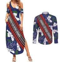 Samoan Culture Couples Matching Summer Maxi Dress and Long Sleeve Button Shirt Hibiscus and Ula Fala with Tapa Pattern Blue Color LT03 Blue - Polynesian Pride