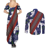Samoan Culture Couples Matching Summer Maxi Dress and Long Sleeve Button Shirt Hibiscus and Ula Fala with Tapa Pattern Blue Color LT03 - Polynesian Pride