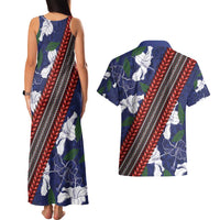Samoan Culture Couples Matching Tank Maxi Dress and Hawaiian Shirt Hibiscus and Ula Fala with Tapa Pattern Blue Color LT03 - Polynesian Pride