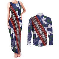 Samoan Culture Couples Matching Tank Maxi Dress and Long Sleeve Button Shirt Hibiscus and Ula Fala with Tapa Pattern Blue Color LT03 Blue - Polynesian Pride