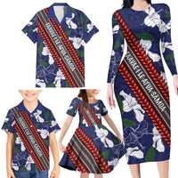 Samoan Culture Family Matching Long Sleeve Bodycon Dress and Hawaiian Shirt Hibiscus and Ula Fala with Tapa Pattern Blue Color LT03 - Polynesian Pride