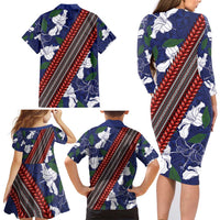 Samoan Culture Family Matching Long Sleeve Bodycon Dress and Hawaiian Shirt Hibiscus and Ula Fala with Tapa Pattern Blue Color LT03 - Polynesian Pride