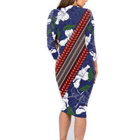 Samoan Culture Family Matching Long Sleeve Bodycon Dress and Hawaiian Shirt Hibiscus and Ula Fala with Tapa Pattern Blue Color LT03 - Polynesian Pride