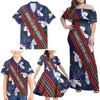 Samoan Culture Family Matching Off Shoulder Maxi Dress and Hawaiian Shirt Hibiscus and Ula Fala with Tapa Pattern Blue Color LT03 - Polynesian Pride