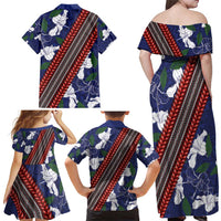 Samoan Culture Family Matching Off Shoulder Maxi Dress and Hawaiian Shirt Hibiscus and Ula Fala with Tapa Pattern Blue Color LT03 - Polynesian Pride