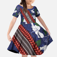 Samoan Culture Family Matching Summer Maxi Dress and Hawaiian Shirt Hibiscus and Ula Fala with Tapa Pattern Blue Color LT03 Daughter's Dress Blue - Polynesian Pride