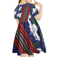Samoan Culture Kid Short Sleeve Dress Hibiscus and Ula Fala with Tapa Pattern Blue Color LT03 - Polynesian Pride