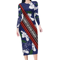 Samoan Culture Long Sleeve Bodycon Dress Hibiscus and Ula Fala with Tapa Pattern Blue Color LT03 Long Dress Blue - Polynesian Pride