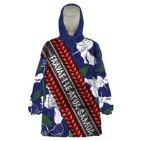 Samoan Culture Wearable Blanket Hoodie Hibiscus and Ula Fala with Tapa Pattern Blue Color LT03 One Size Blue - Polynesian Pride