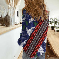 Samoan Culture Women Casual Shirt Hibiscus and Ula Fala with Tapa Pattern Blue Color LT03 - Polynesian Pride