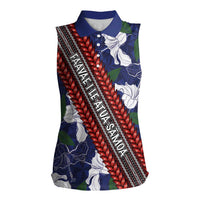 Samoan Culture Women Sleeveless Polo Shirt Hibiscus and Ula Fala with Tapa Pattern Blue Color LT03 Female Blue - Polynesian Pride