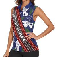 Samoan Culture Women Sleeveless Polo Shirt Hibiscus and Ula Fala with Tapa Pattern Blue Color LT03 - Polynesian Pride