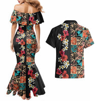 Hawaiian Hibiscus and Tropical Leaves Couples Matching Mermaid Dress and Hawaiian Shirt Patchwork Grunge Abstract Vintage Style LT03 - Polynesian Pride