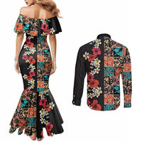 Hawaiian Hibiscus and Tropical Leaves Couples Matching Mermaid Dress and Long Sleeve Button Shirt Patchwork Grunge Abstract Vintage Style LT03 - Polynesian Pride