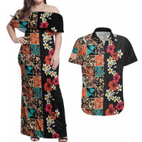 Hawaiian Hibiscus and Tropical Leaves Couples Matching Off Shoulder Maxi Dress and Hawaiian Shirt Patchwork Grunge Abstract Vintage Style LT03 Black - Polynesian Pride