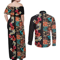 Hawaiian Hibiscus and Tropical Leaves Couples Matching Off Shoulder Maxi Dress and Long Sleeve Button Shirt Patchwork Grunge Abstract Vintage Style LT03 - Polynesian Pride