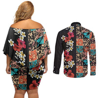 Hawaiian Hibiscus and Tropical Leaves Couples Matching Off Shoulder Short Dress and Long Sleeve Button Shirt Patchwork Grunge Abstract Vintage Style LT03 - Polynesian Pride