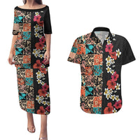 Hawaiian Hibiscus and Tropical Leaves Couples Matching Puletasi and Hawaiian Shirt Patchwork Grunge Abstract Vintage Style LT03 Black - Polynesian Pride