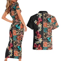 Hawaiian Hibiscus and Tropical Leaves Couples Matching Short Sleeve Bodycon Dress and Hawaiian Shirt Patchwork Grunge Abstract Vintage Style LT03 - Polynesian Pride