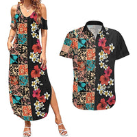 Hawaiian Hibiscus and Tropical Leaves Couples Matching Summer Maxi Dress and Hawaiian Shirt Patchwork Grunge Abstract Vintage Style LT03 Black - Polynesian Pride