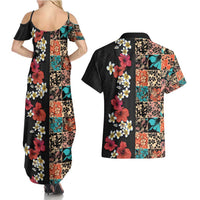 Hawaiian Hibiscus and Tropical Leaves Couples Matching Summer Maxi Dress and Hawaiian Shirt Patchwork Grunge Abstract Vintage Style LT03 - Polynesian Pride