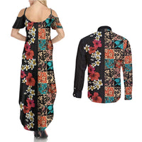 Hawaiian Hibiscus and Tropical Leaves Couples Matching Summer Maxi Dress and Long Sleeve Button Shirt Patchwork Grunge Abstract Vintage Style LT03 - Polynesian Pride