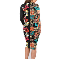 Hawaiian Hibiscus and Tropical Leaves Family Matching Long Sleeve Bodycon Dress and Hawaiian Shirt Patchwork Grunge Abstract Vintage Style LT03 - Polynesian Pride