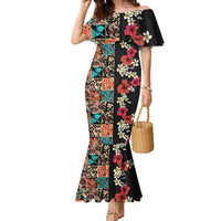 Hawaiian Hibiscus and Tropical Leaves Family Matching Mermaid Dress and Hawaiian Shirt Patchwork Grunge Abstract Vintage Style LT03 Mom's Dress Black - Polynesian Pride