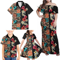 Hawaiian Hibiscus and Tropical Leaves Family Matching Off Shoulder Maxi Dress and Hawaiian Shirt Patchwork Grunge Abstract Vintage Style LT03 - Polynesian Pride