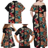 Hawaiian Hibiscus and Tropical Leaves Family Matching Off Shoulder Maxi Dress and Hawaiian Shirt Patchwork Grunge Abstract Vintage Style LT03 - Polynesian Pride