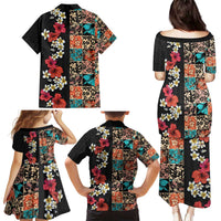 Hawaiian Hibiscus and Tropical Leaves Family Matching Puletasi and Hawaiian Shirt Patchwork Grunge Abstract Vintage Style LT03 - Polynesian Pride