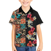 Hawaiian Hibiscus and Tropical Leaves Family Matching Short Sleeve Bodycon Dress and Hawaiian Shirt Patchwork Grunge Abstract Vintage Style LT03 Son's Shirt Black - Polynesian Pride