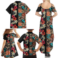 Hawaiian Hibiscus and Tropical Leaves Family Matching Summer Maxi Dress and Hawaiian Shirt Patchwork Grunge Abstract Vintage Style LT03 - Polynesian Pride