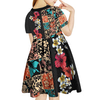 Hawaiian Hibiscus and Tropical Leaves Kid Short Sleeve Dress Patchwork Grunge Abstract Vintage Style