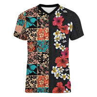 Hawaiian Hibiscus and Tropical Leaves Women V-Neck T-Shirt Patchwork Grunge Abstract Vintage Style LT03 Female Black - Polynesian Pride
