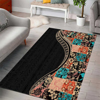 Hawaiian Hibiscus and Tropical Leaves Area Rug Patchwork Grunge Abstract and Tapa Tribal Pattern Half Style