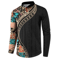 Hawaiian Hibiscus and Tropical Leaves Button Sweatshirt Patchwork Grunge Abstract and Tapa Tribal Pattern Half Style LT03 - Polynesian Pride