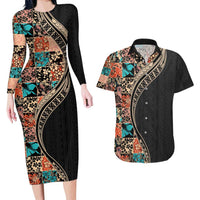 Hawaiian Hibiscus and Tropical Leaves Couples Matching Long Sleeve Bodycon Dress and Hawaiian Shirt Patchwork Grunge Abstract and Tapa Tribal Pattern Half Style LT03 Black - Polynesian Pride