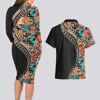 Hawaiian Hibiscus and Tropical Leaves Couples Matching Long Sleeve Bodycon Dress and Hawaiian Shirt Patchwork Grunge Abstract and Tapa Tribal Pattern Half Style LT03 - Polynesian Pride