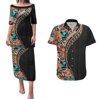 Hawaiian Hibiscus and Tropical Leaves Couples Matching Puletasi and Hawaiian Shirt Patchwork Grunge Abstract and Tapa Tribal Pattern Half Style LT03 Black - Polynesian Pride