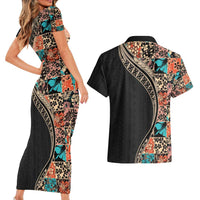 Hawaiian Hibiscus and Tropical Leaves Couples Matching Short Sleeve Bodycon Dress and Hawaiian Shirt Patchwork Grunge Abstract and Tapa Tribal Pattern Half Style LT03 - Polynesian Pride