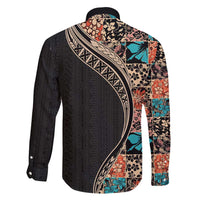 Hawaiian Hibiscus and Tropical Leaves Family Matching Long Sleeve Bodycon Dress and Hawaiian Shirt Patchwork Grunge Abstract and Tapa Tribal Pattern Half Style