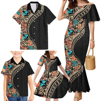Hawaiian Hibiscus and Tropical Leaves Family Matching Mermaid Dress and Hawaiian Shirt Patchwork Grunge Abstract and Tapa Tribal Pattern Half Style LT03 - Polynesian Pride