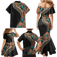 Hawaiian Hibiscus and Tropical Leaves Family Matching Mermaid Dress and Hawaiian Shirt Patchwork Grunge Abstract and Tapa Tribal Pattern Half Style LT03 - Polynesian Pride